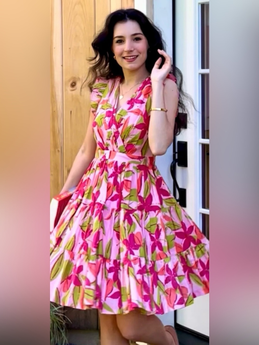 Taylor Pink Floral V-Neck Tiered Midi Dress with Green Leaf Print